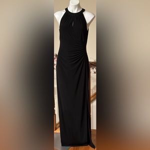 Chaps Black Halter Maxi Dress Beaded Neck Line & Key Hole. Long Slit Side Sz 12